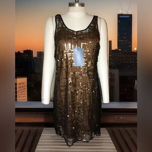 Vera Wang Sleeveless Copper Sequin Black Sheer Mesh Party Evening Slip Dress NWT